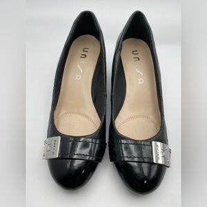 Unisa Black Quilted Wedge Pumps Patent Cap Toe Silver Buckle Size 8M
